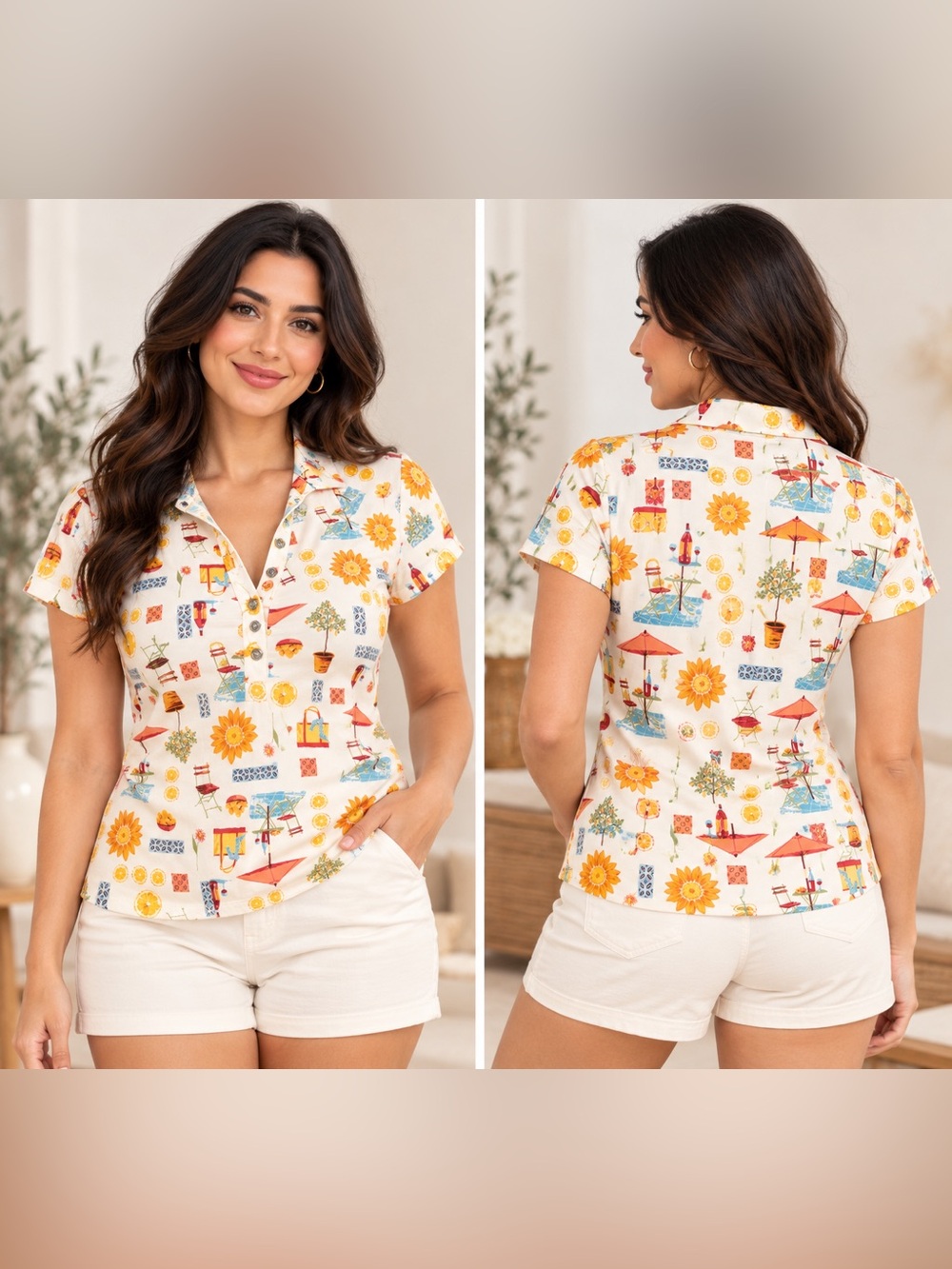 Liz Claiborne Cream Short-Sleeve Button Front Top with Yellow Sunflower Print